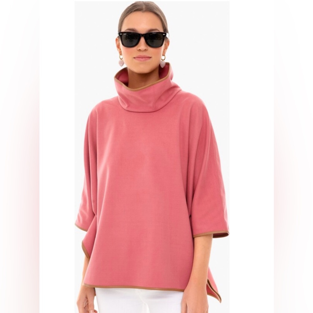 COPY - NWT Tuckernuck Women's Leather Trim Funnel Neck Piper Poncho Peony Pink …
